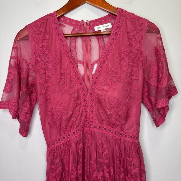 Honey Punch Pink Lace Romper Maxi Dress Size Small Plunging Neckline Feminine - Picture 3 of 15